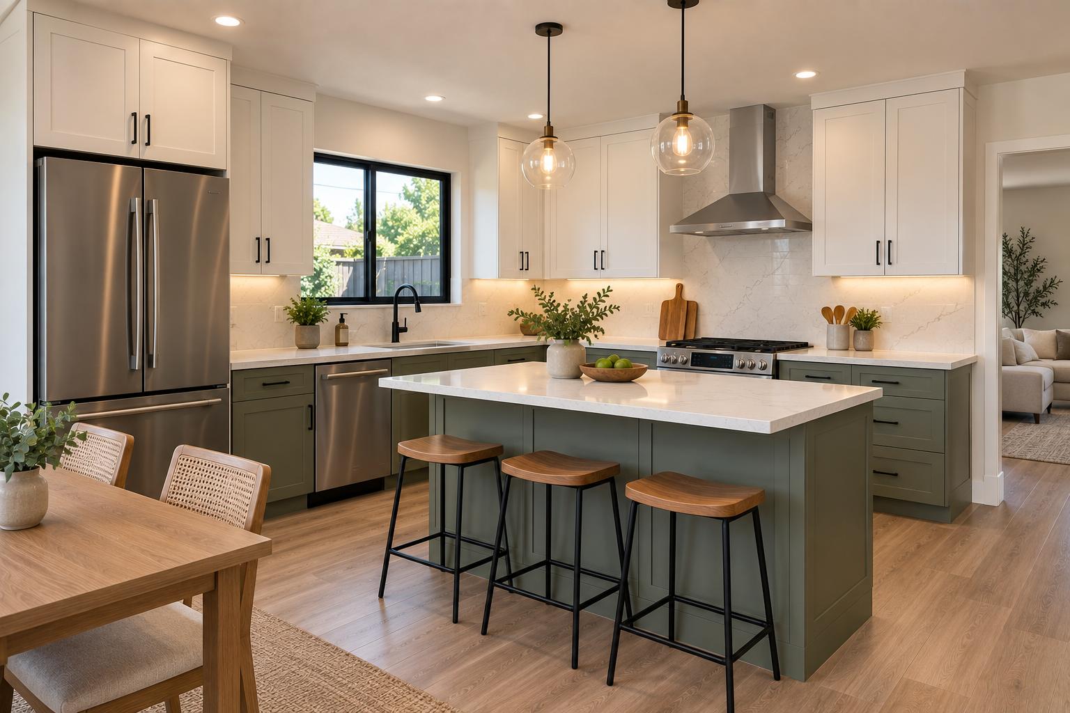 Calabasas custom home improvement with wood accents and kitchen island