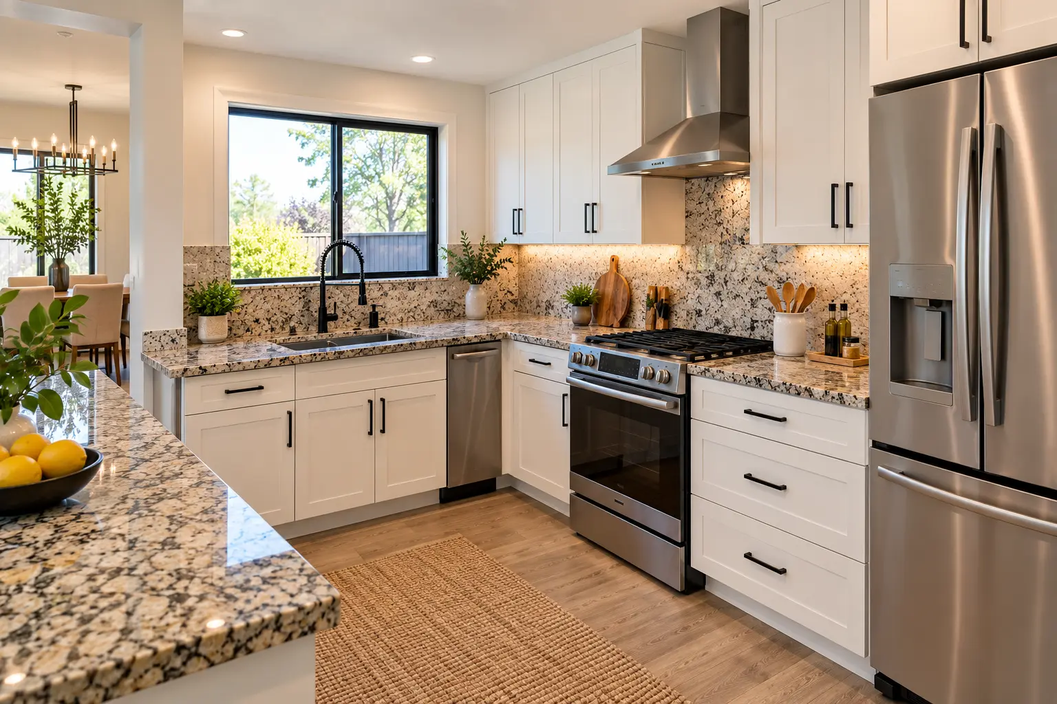 White Subway Tile Backsplash, And Granite Countertops