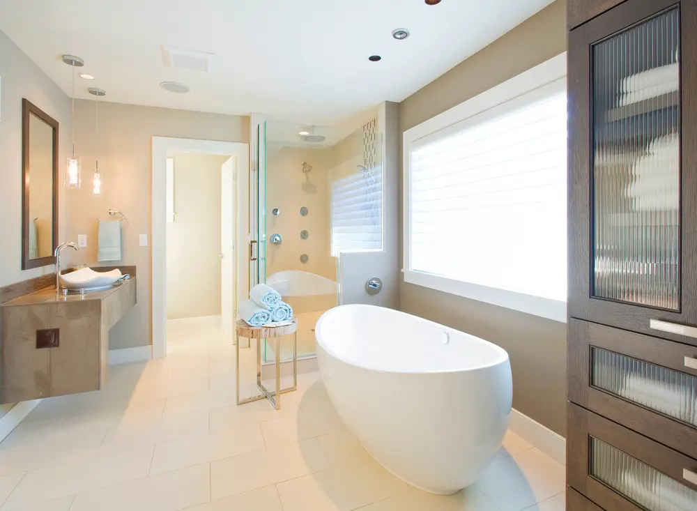 Calabasas bathroom remodel with soaking tub and large windows